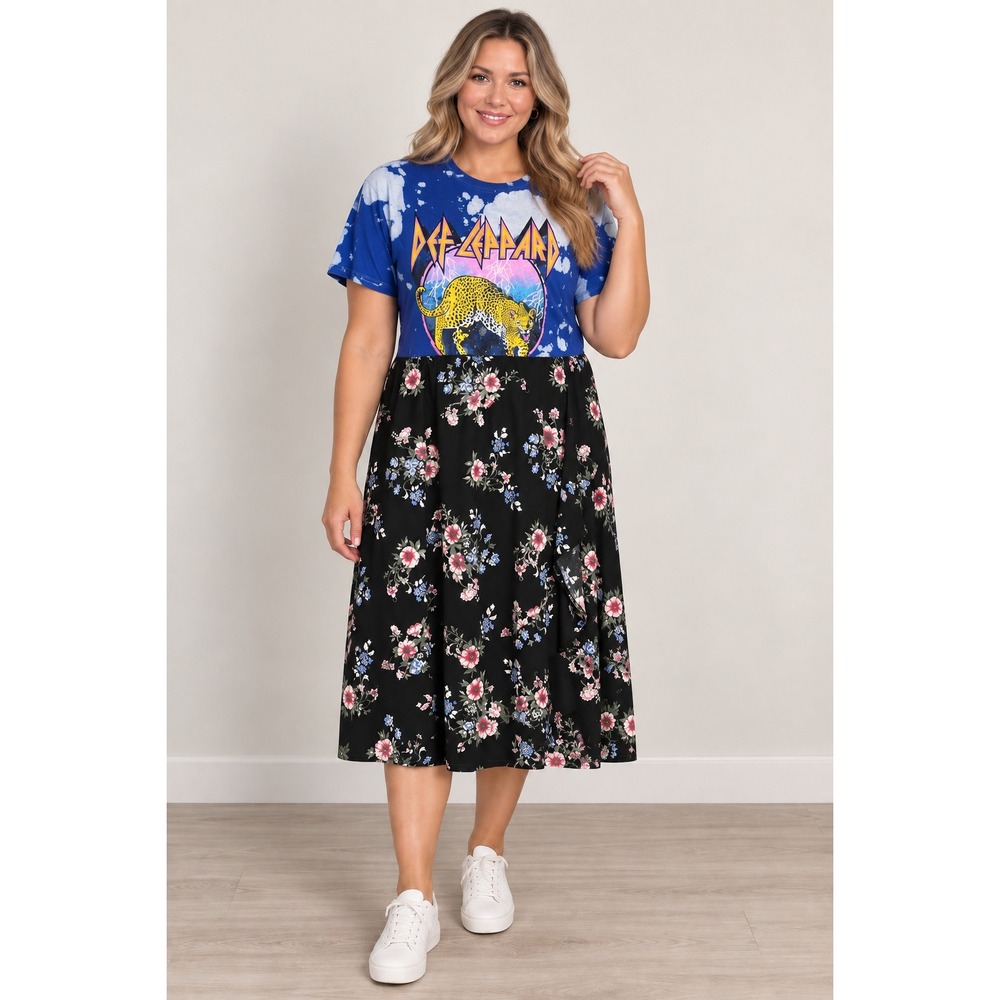 Def Lepard reworked upcycled floral skirt Midi Dress Boho M/L Upcycled